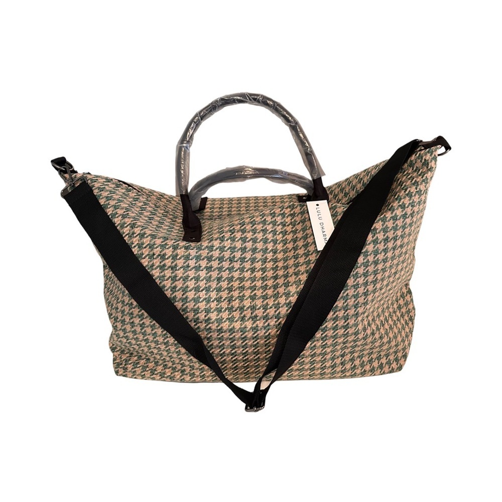 Green & Cream Houndstooth Tote with Removable Black Strap